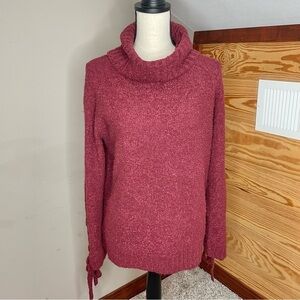 Elan Burgundy Maroon Wool Blend Turtleneck Lace Up Sleeve Sweater Medium